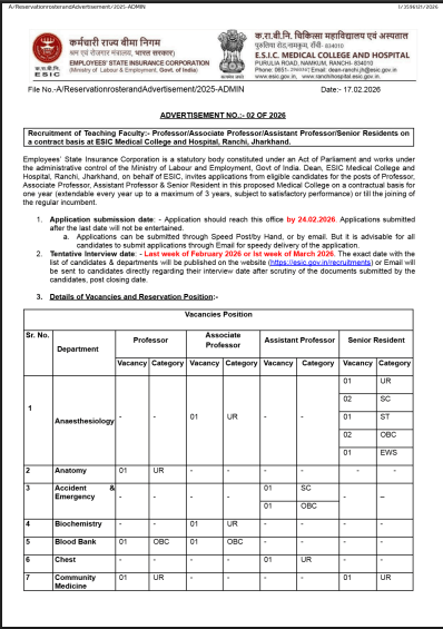 ESIC Ranchi Recruitment 2026