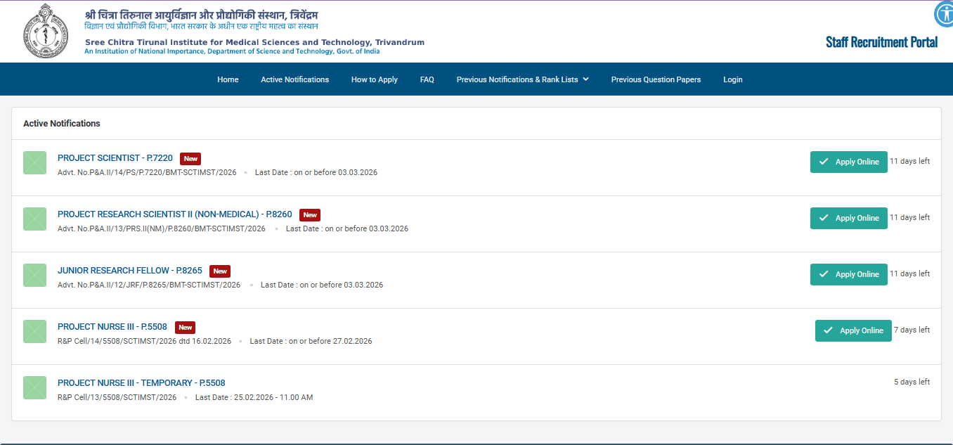 SCTIMST Project Nurse III Recruitment 2026