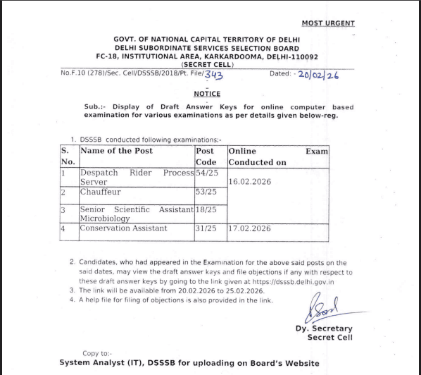 DSSSB Various Posts Answer Key 2026