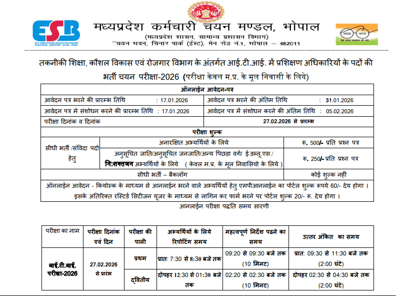 MP ITI Training Officer Admit Card 2026