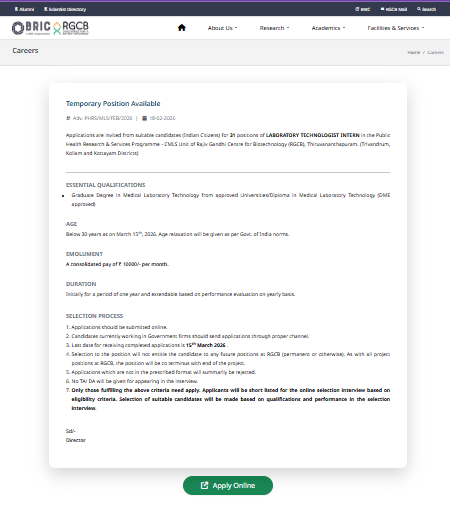 RGCB Laboratory Technologist Intern Recruitment 2026