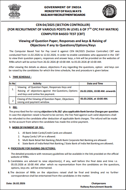 RRB Section Controller Answer Key 2026