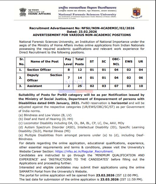 NFSU Non Teaching Recruitment 2026