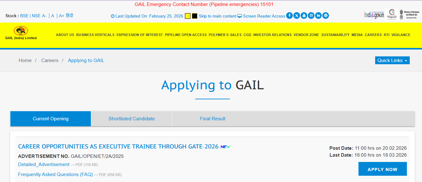 GAIL Executive Trainee Recruitment 2026