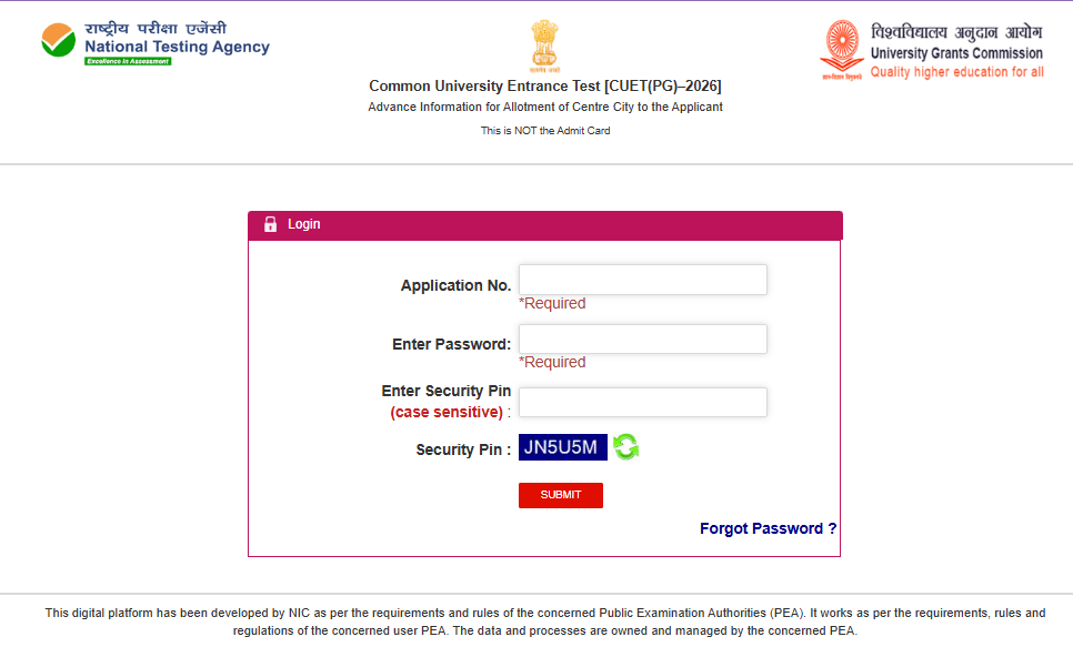 CUET PG City Intimation Slip 2026