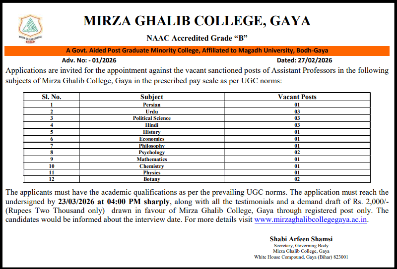 Mirza Ghalib College Gaya Assistant Professor Vacancy 2026