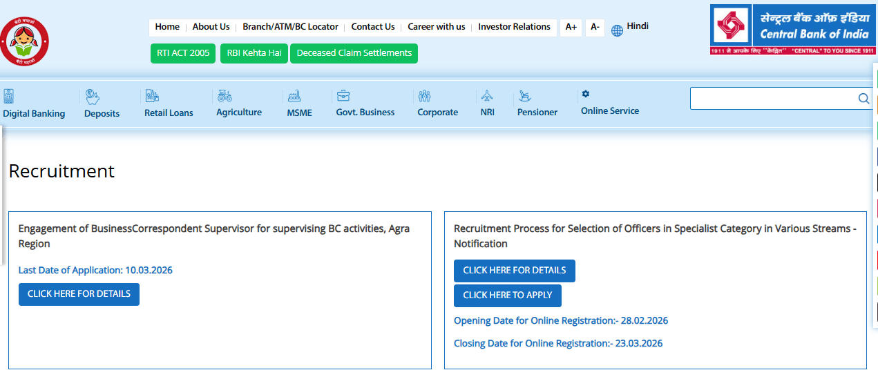Central Bank of India SO Recruitment 2026