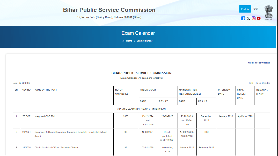 BPSC Exam Calendar 2026