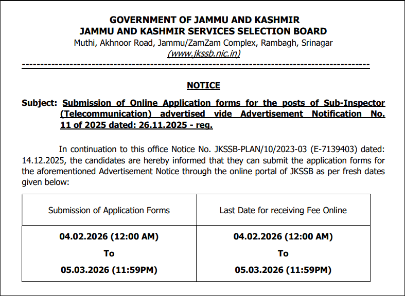 JKSSB Sub Inspector SI Recruitment 2026