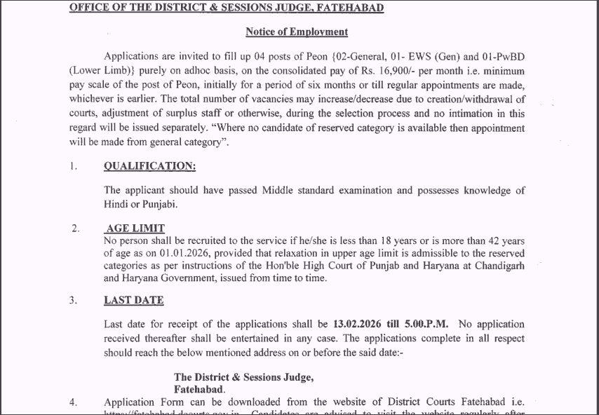Fatehabad District Court Peon Recruitment 2026