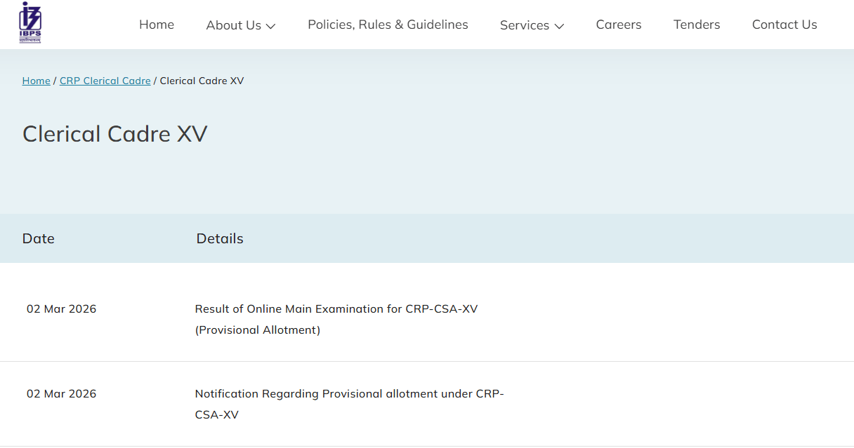 IBPS CRP CSA XV Clerk Mains Result 2026
