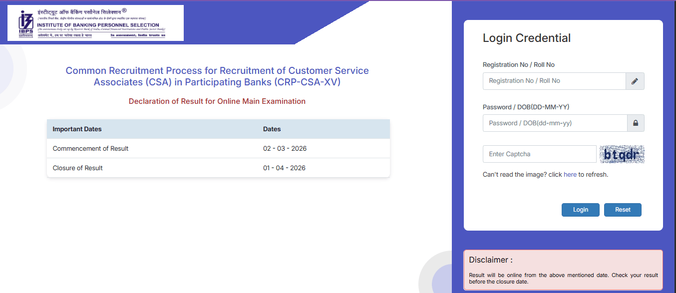 IBPS CRP CSA XV Clerk Mains Result 2026