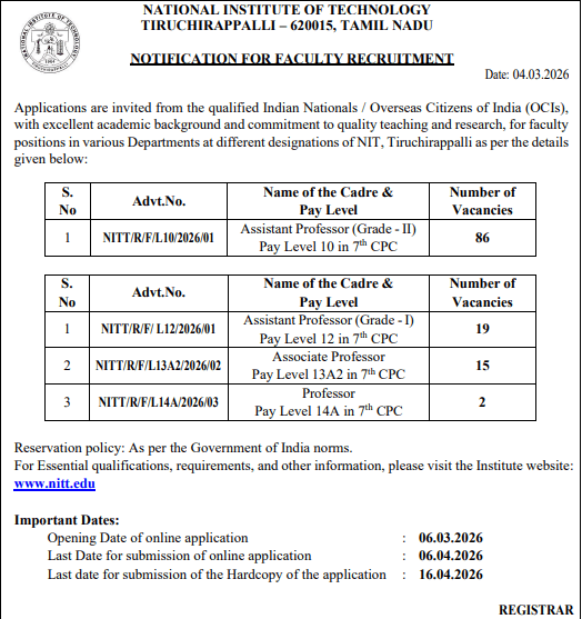 NIT Trichy Faculty Recruitment 2026