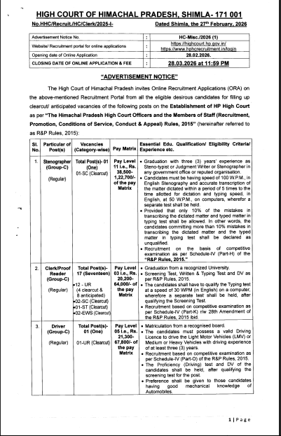 HP High Court Recruitment 2026