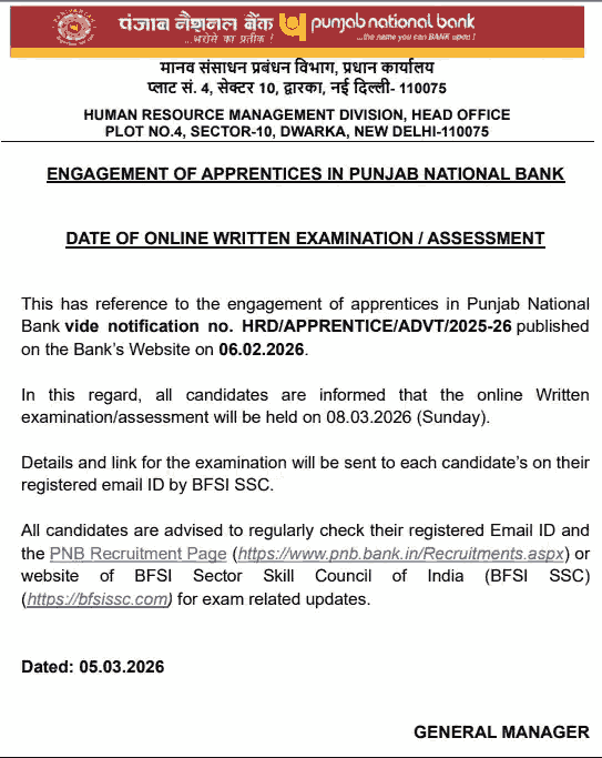 PNB Apprentice Exam Date 2026