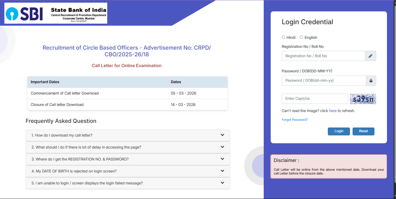 SBI Circle Based Officers CBO Admit Card 2026