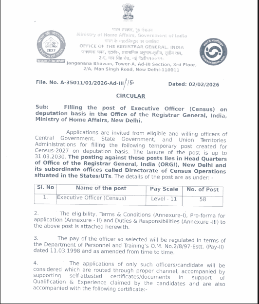 MHA Executive Officer (Census) Recruitment 2026
