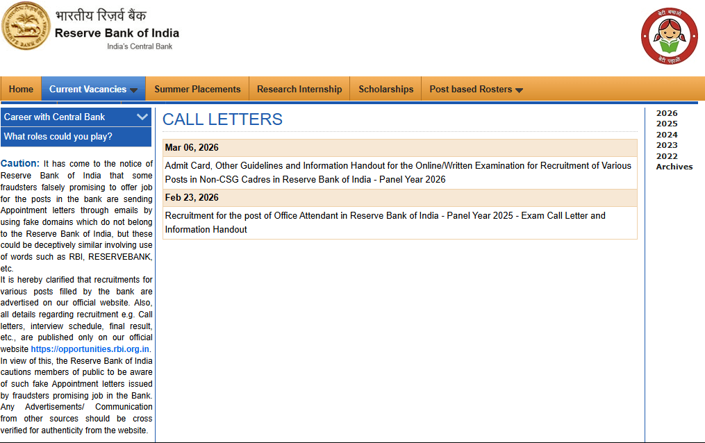 RBI Non CSG Various Post Admit Card 2026