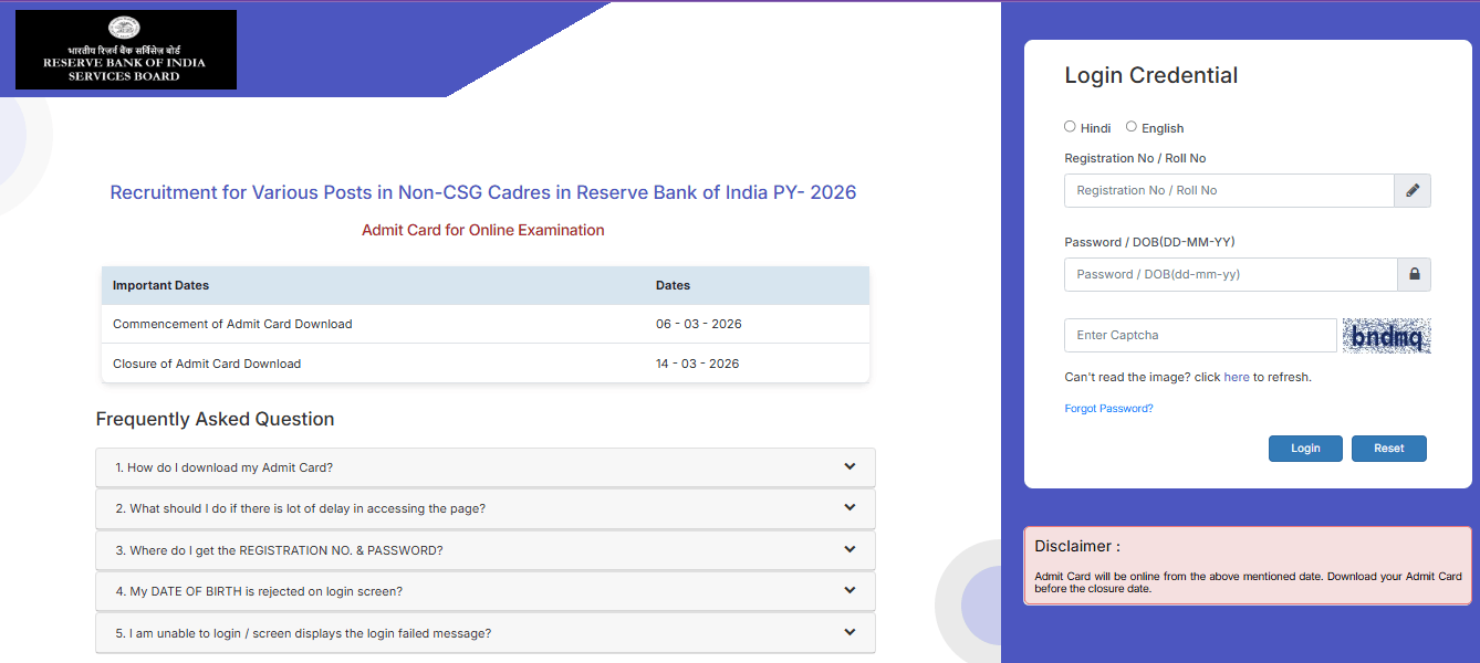 RBI Non CSG Various Post Admit Card 2026