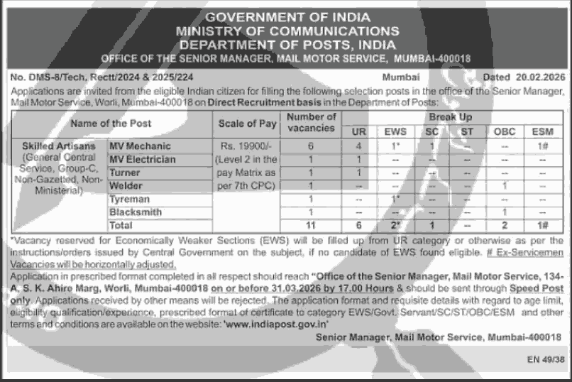 India Post Skilled Artisan Recruitment 2026
