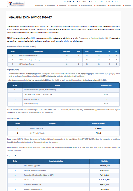 RGNAU MBA Admission 2026-27