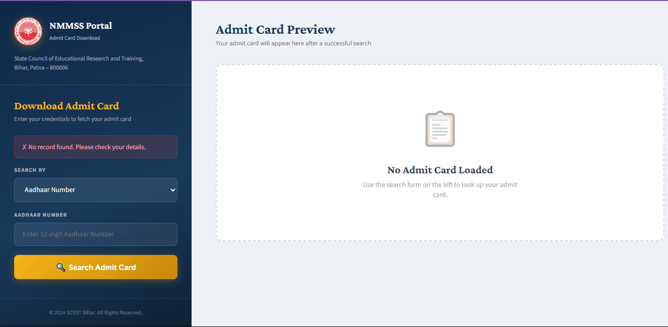 Bihar NMMSS Scholarship Admit Card 2026