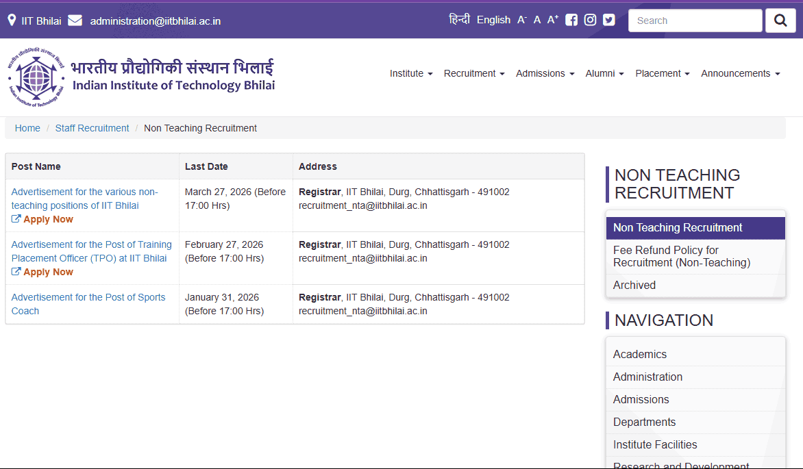 IIT Bhilai Non Teaching Recruitment 2026