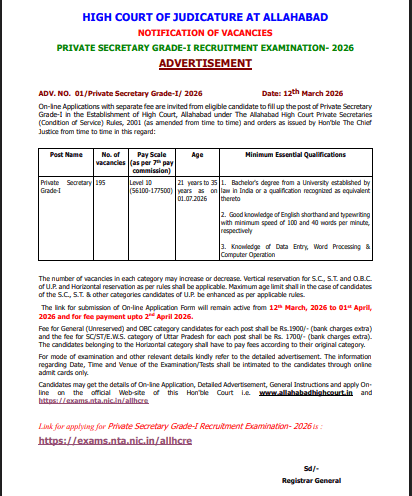 Allahabad High Court Private Secretary Recruitment 2026