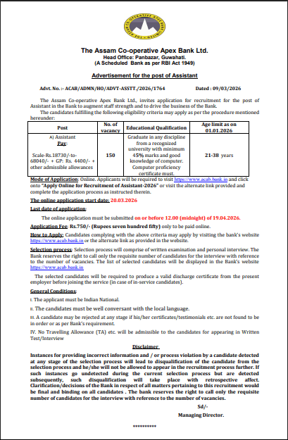 Assam Cooperative Apex Bank Assistant Recruitment 2026