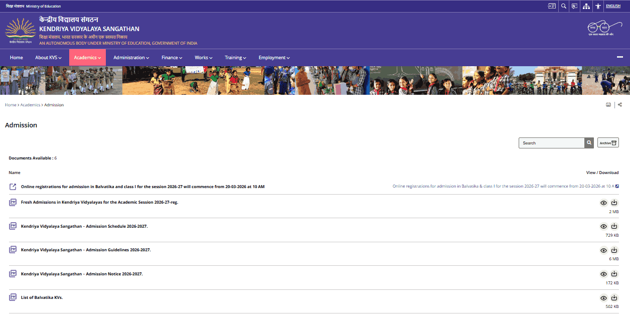 KVS Class 1 Admission Online Form 2026