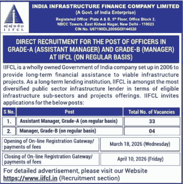IIFCL Assistant Manager & Manager Recruitment 2026