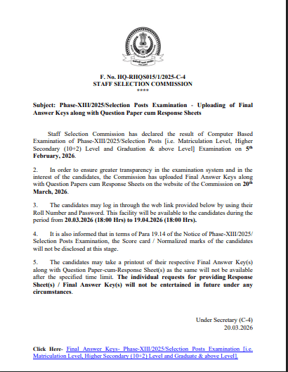 SSC Selection Post 13th Final Answer Key 2026