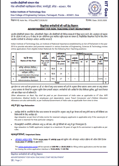 IIT Goa Non Teaching Recruitment 2026