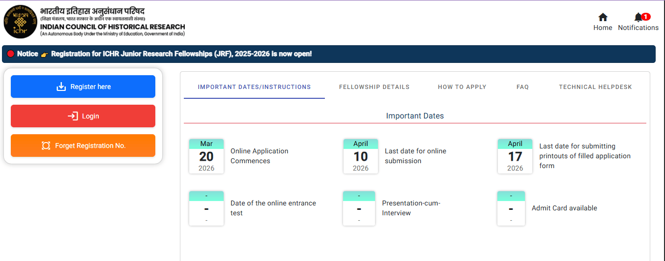 ICHR Junior Research Fellowships (JRF) Notification 2026