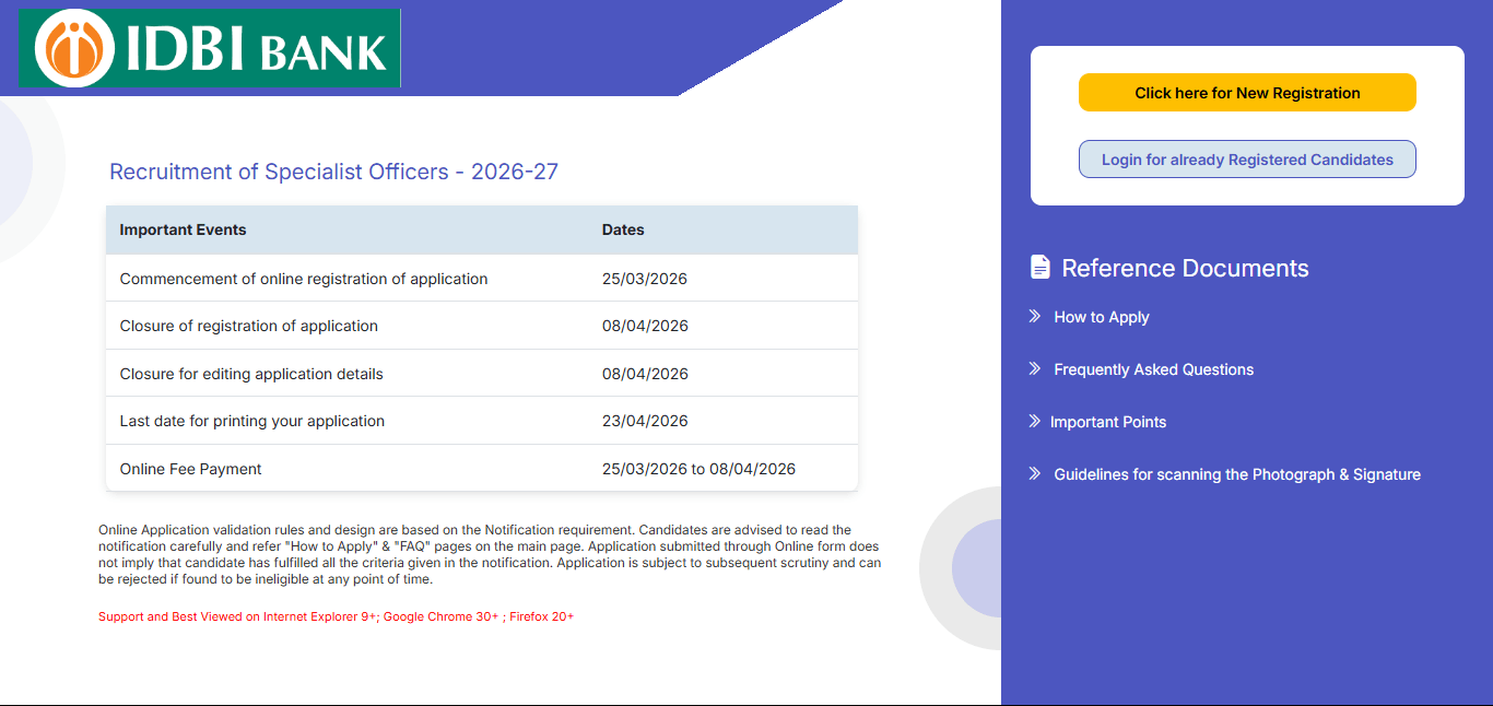 IDBI Bank Specialist Officer (SO) Recruitment 2026