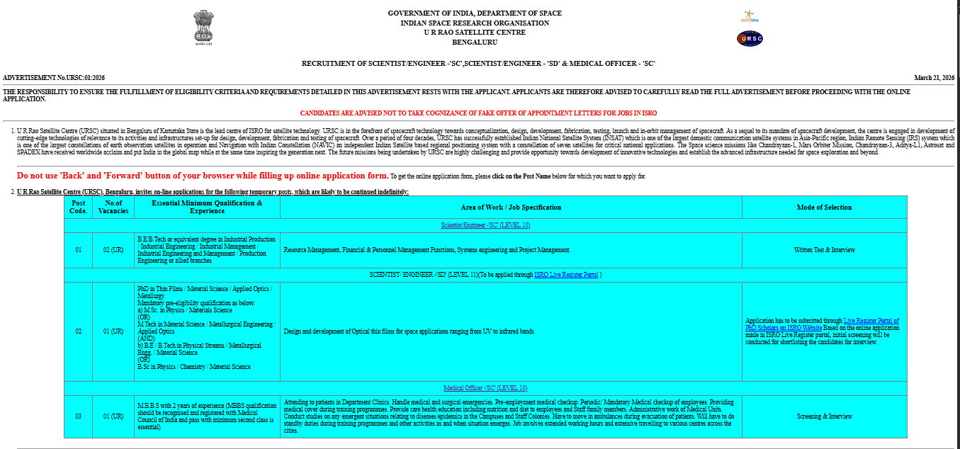 ISRO URSC Scientist/Engineer & Medical Officer Recruitment 2026
