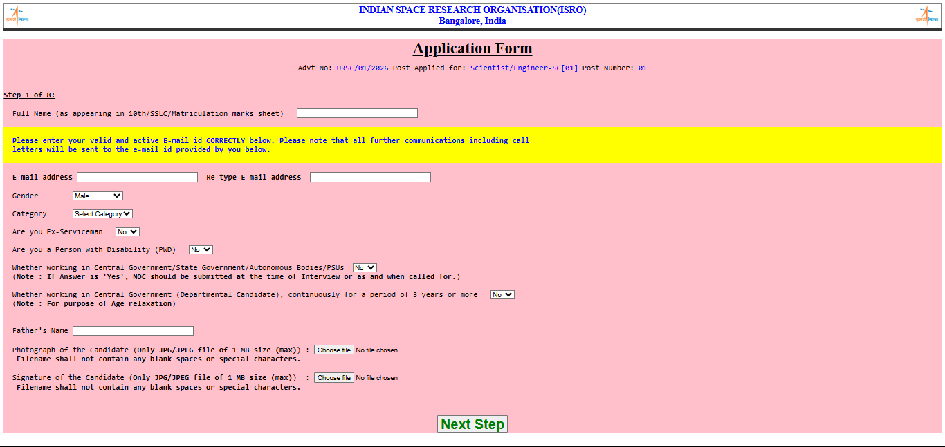 ISRO URSC Scientist/Engineer & Medical Officer Recruitment 2026