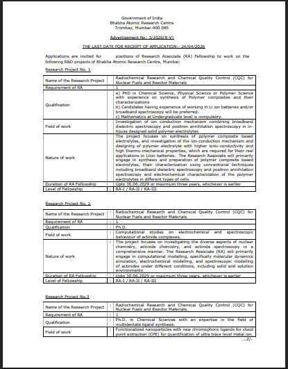 BARC Mumbai Research Associate Fellowship 2026