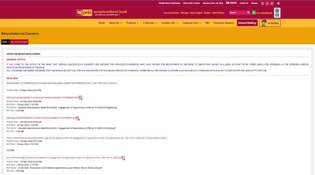 Punjab National Bank ( PNB ) Apprentice Result 2026