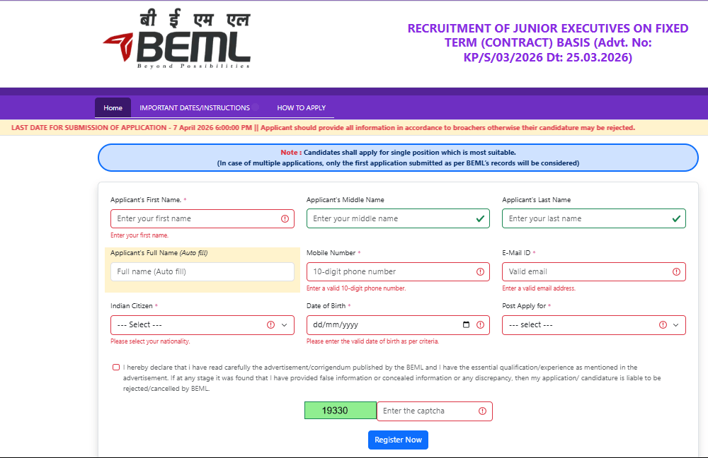BEML Junior Executive Recruitment 2026