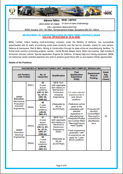 BEML Junior Executive Recruitment 2026
