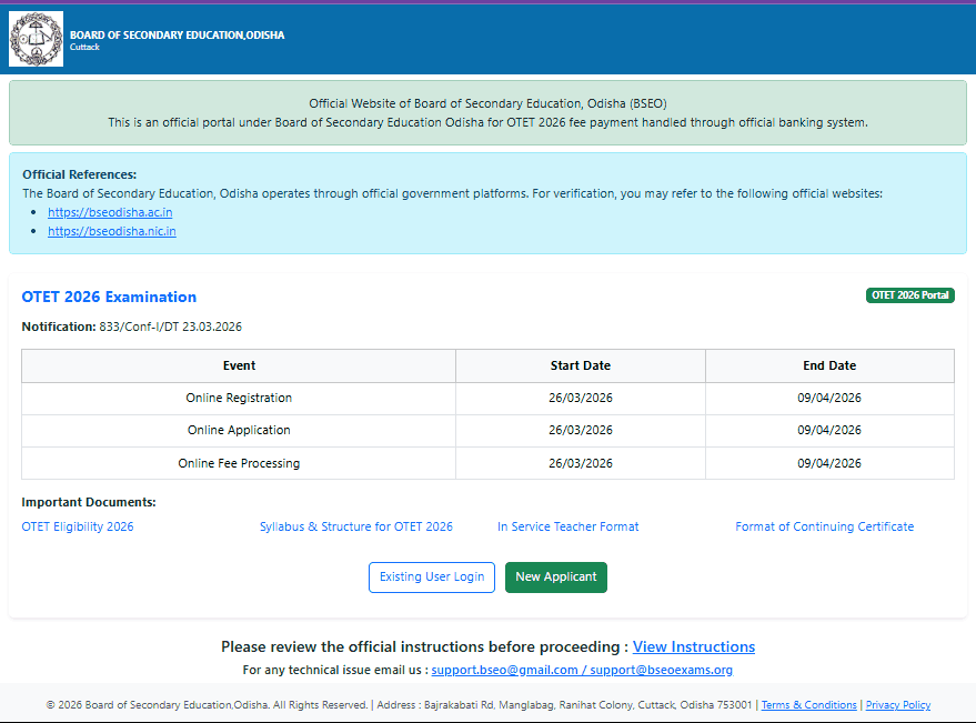 BSE Odisha OTET 2026
