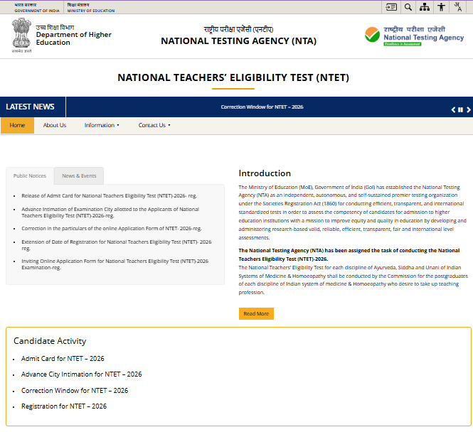 NTET NTA Admit Card 2026