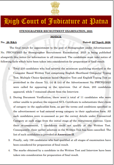 Patna High Court Stenographer Final Result 2026