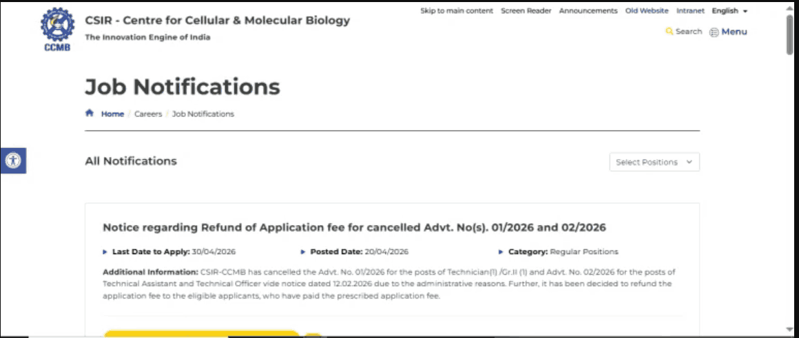 CSIR CCMB Online Form 2026