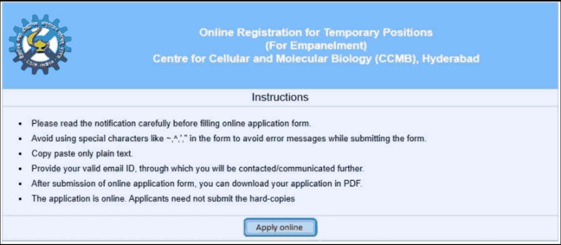 CSIR CCMB Online Form 2026