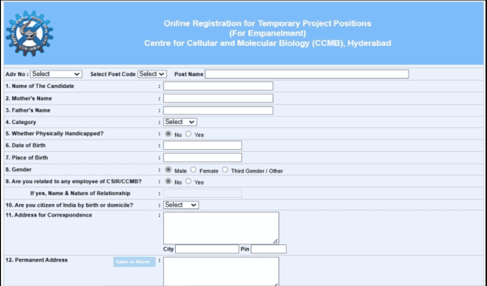 CSIR CCMB Online Form 2026