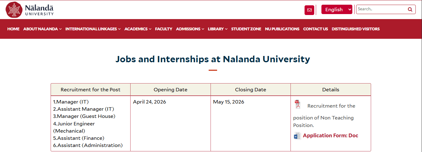 Nalanda University Non Teaching Recruitment 2026