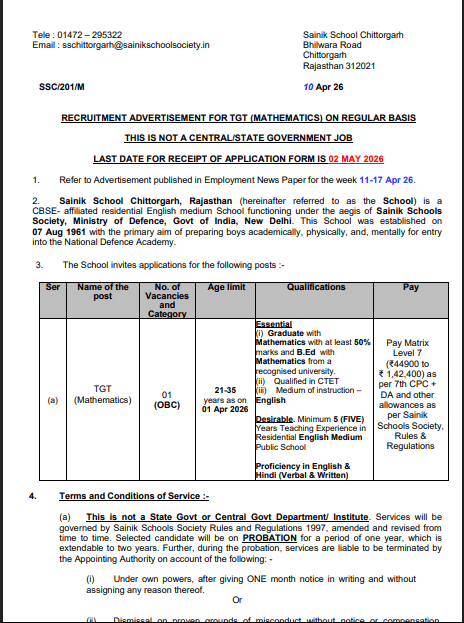 Sainik School Chittorgarh TGT Recruitment 2026