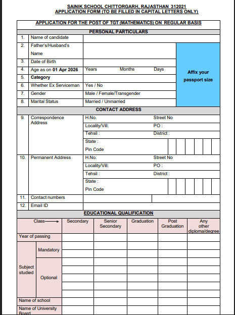 Sainik School Chittorgarh TGT Recruitment 2026